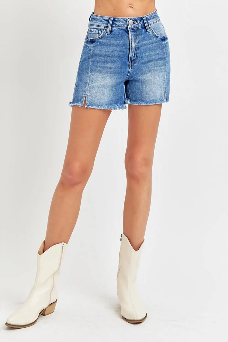 RISEN Front Slit Raw Hem Denim Shorts - Brittney MADE