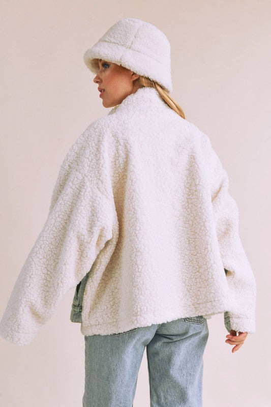 Aemi + Co Denim Washed Drop Shoulder Sherpa Fake Two Pieces Jacket - Brittney MADE