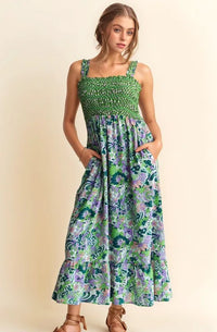 Davi & Dani Multi Smocked Bodice Geo Ruffle Strappy Midi Dress - Brittney MADE