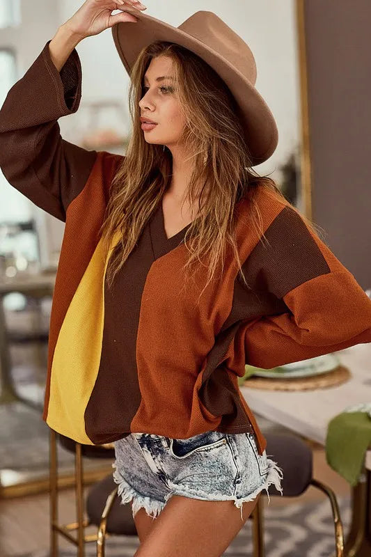 BiBi Brushed Thermal Color Block V-Neck Knit Top - Brittney MADE