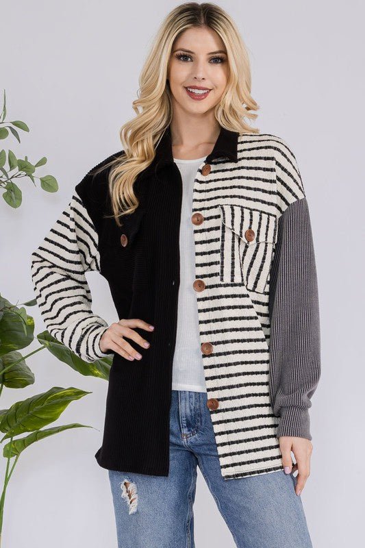 Celeste Full Size Striped Button Up Dropped Shoulder Shacket - Brittney MADE
