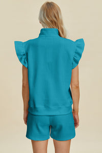 Double Take Full Size Texture Flounce Sleeve Top and Shorts Set - Brittney MADE
