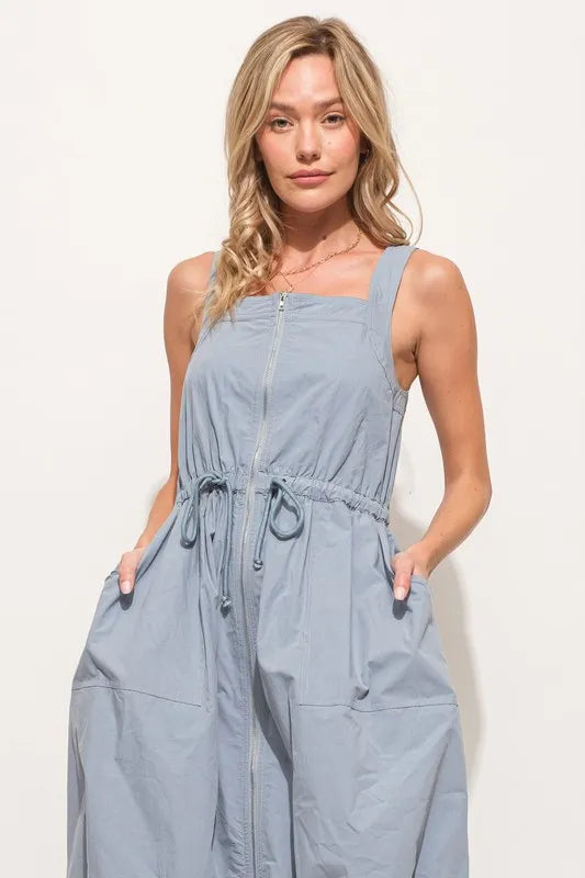And The Why Front Zipper Overall Dress with String Details - Brittney MADE