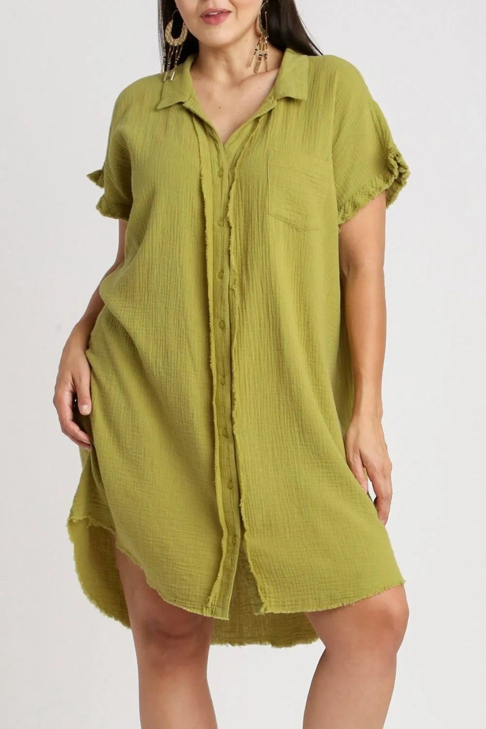 Umgee Full Size Raw Hem Button Down Short Sleeve Gauze Shirt Dress Plus Size - Brittney MADE