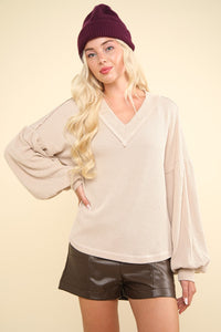 VERY J Two Tone Ribbed V-Neck Exposed Seam Top - Brittney MADE