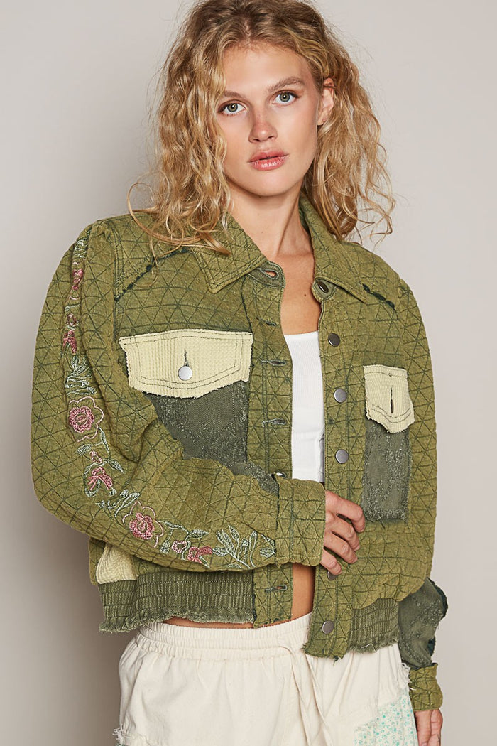 POL Embroidered Sleeve Raw Edge Quilted Jacket - Brittney MADE