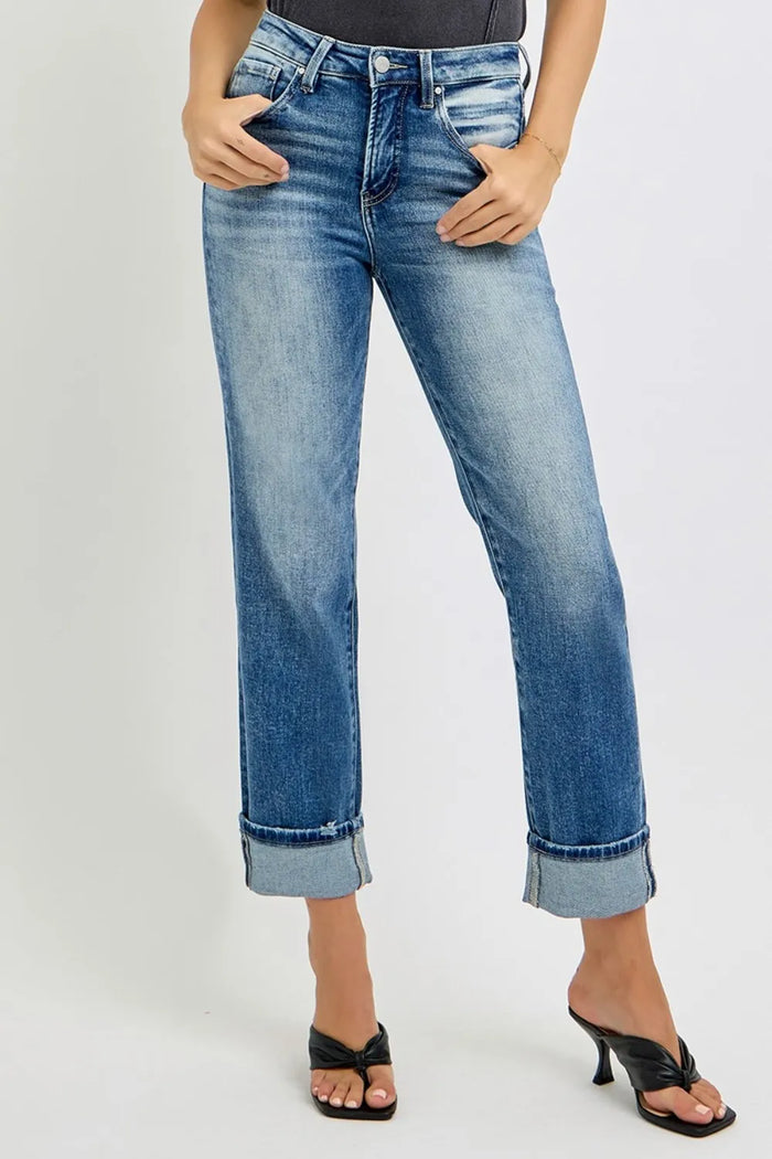 RISEN Full Size High Rise Crop Straight Roll Up Jeans - Brittney MADE