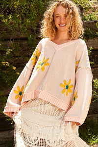 POL V-Neck Floral Pattern Chenille Sweater - Brittney MADE