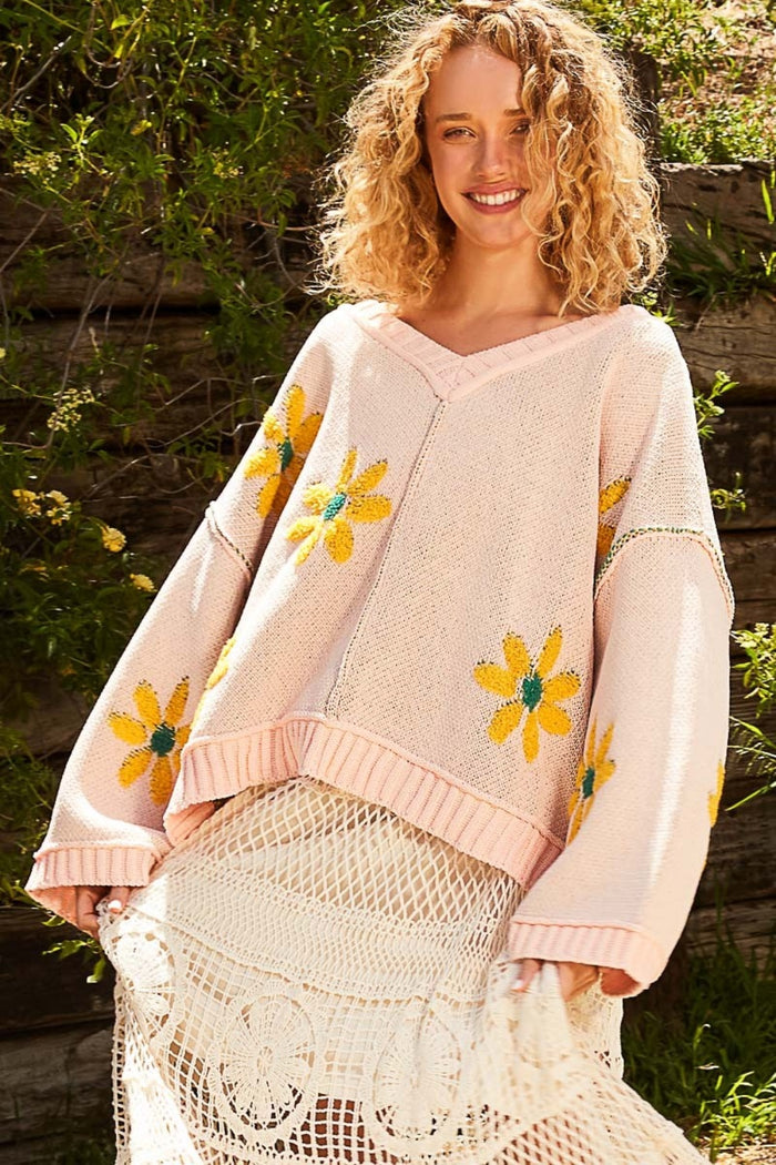 POL V-Neck Floral Pattern Chenille Sweater - Brittney MADE