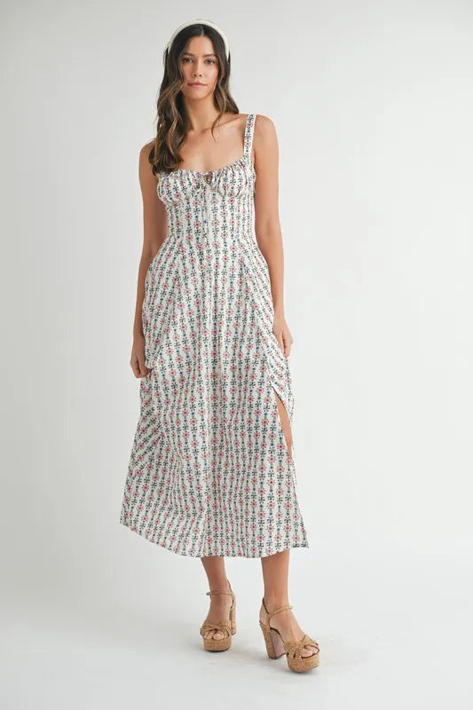 MABLE Floral Print Bustier Back Lace Up Midi Dress - Brittney MADE