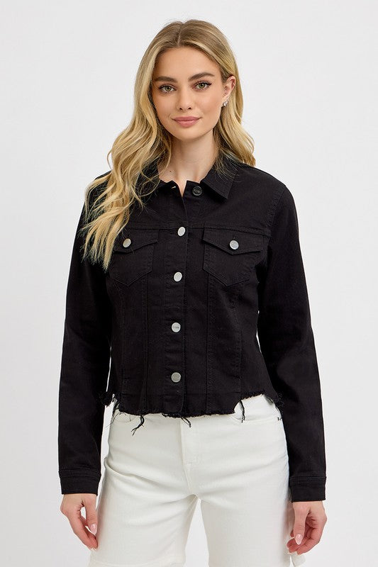 RISEN Full Size Irregular Fray Hem Button Up Denim Jacket Plus Size - Brittney MADE