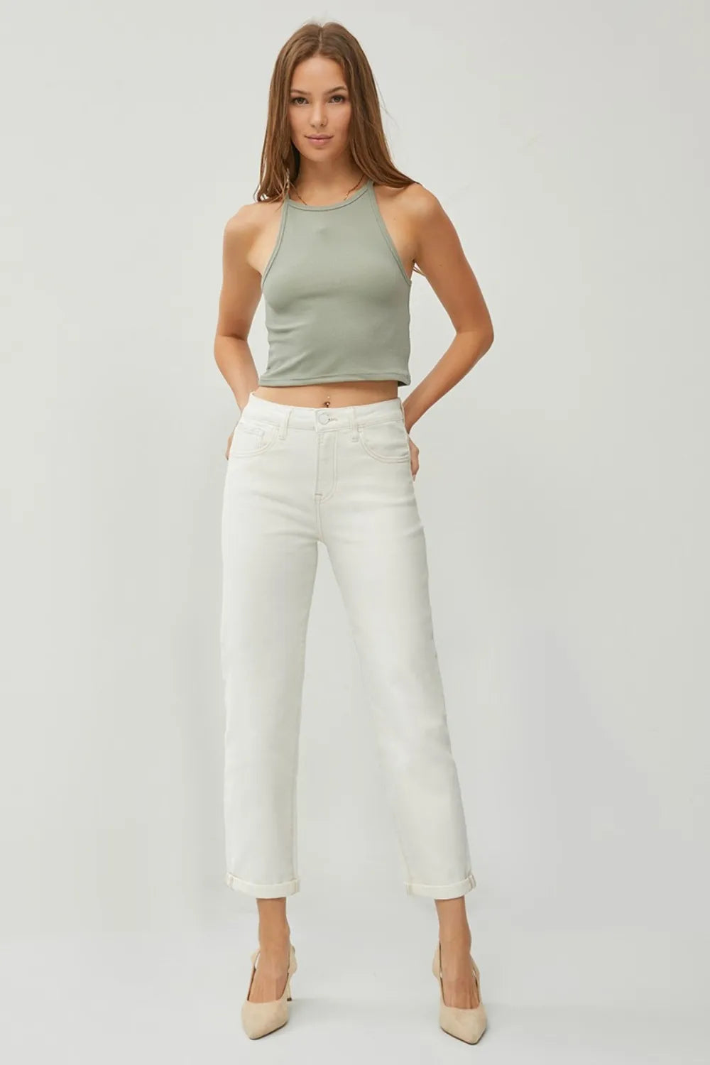 RISEN Full Size High Waist Rolled Hem Straight Jeans - Brittney MADE