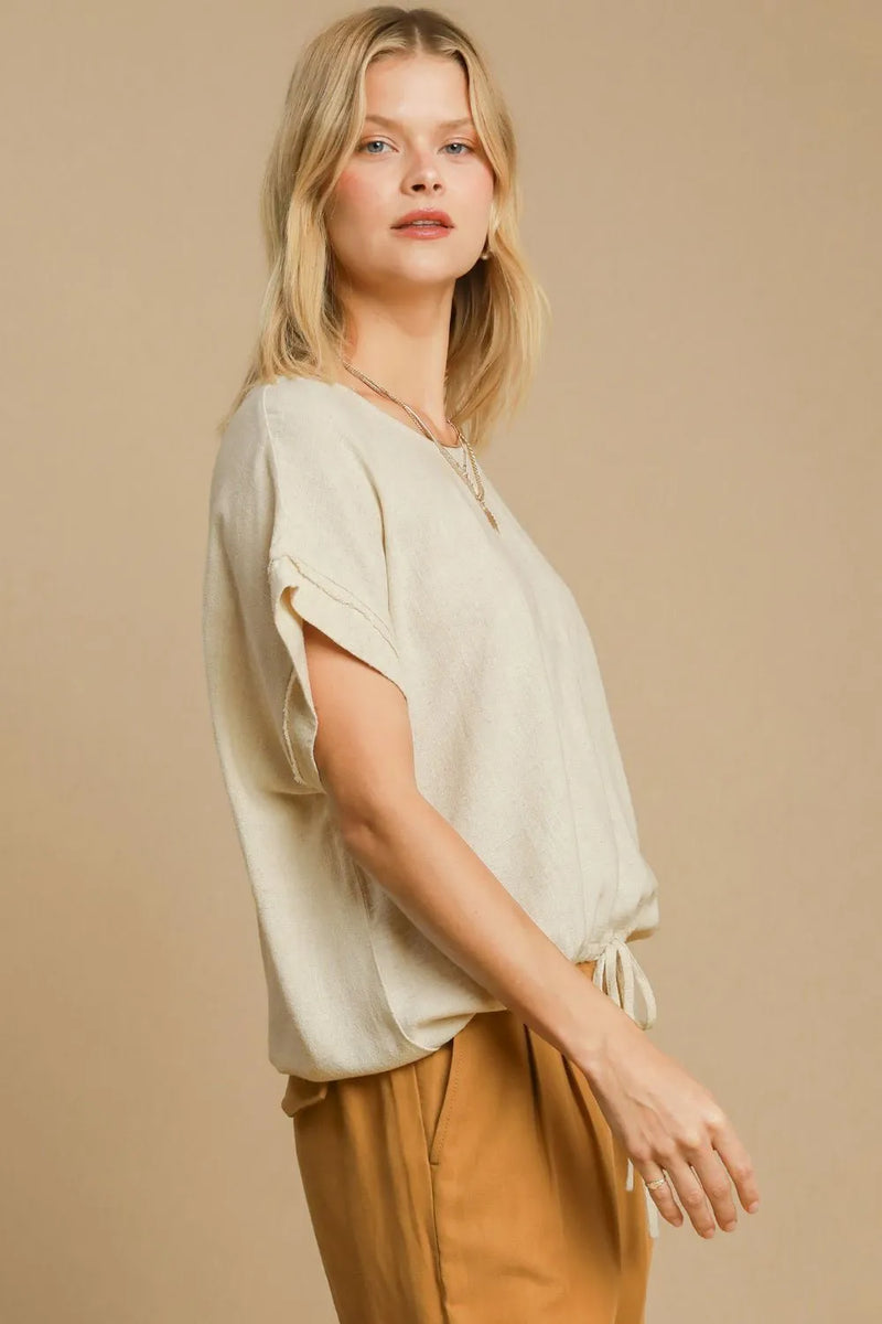Umgee Drawstring Hem Round Neck Short Sleeve T-Shirt - Brittney MADE