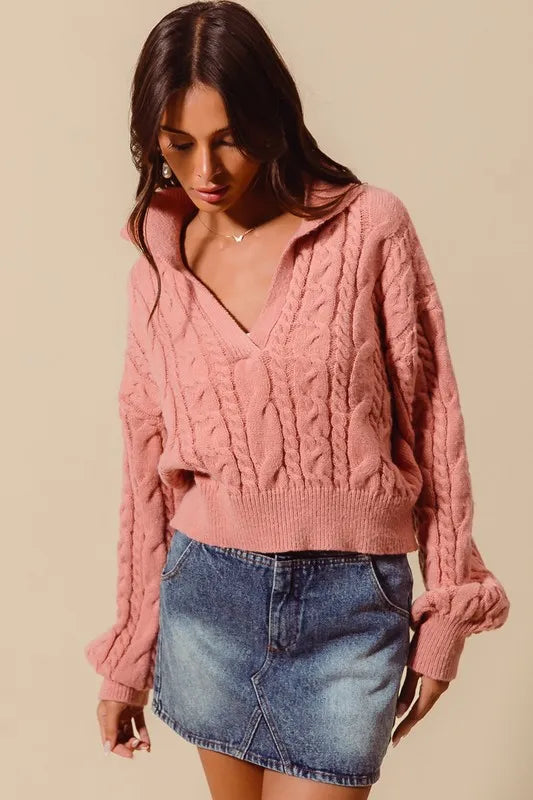 SO ME Cable Knit Deep V Neck Crop Swetaer Top - Brittney MADE