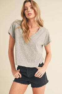 Aemi + Co Side Slit V-Neck Short Sleeve Cropped T-Shirt - Brittney MADE