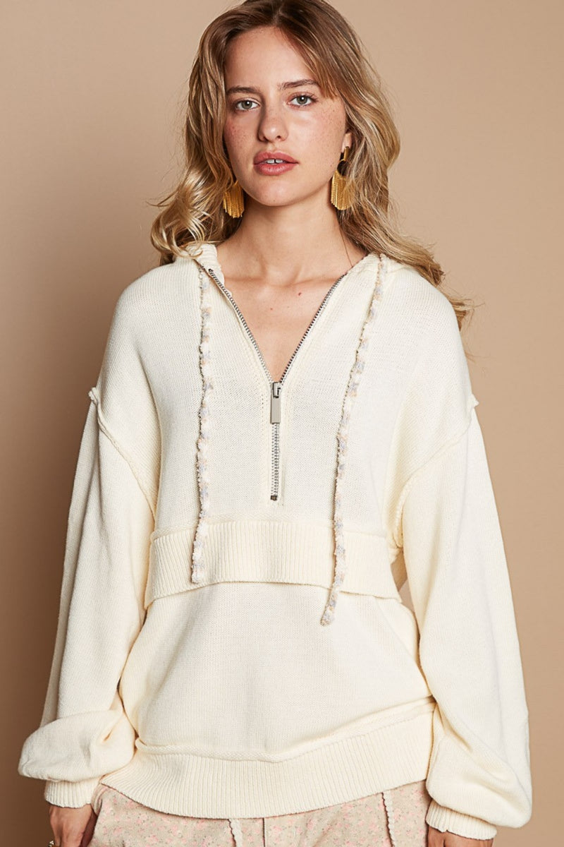 POL Half Zip Drop Shoulder Hooded Sweater - Brittney MADE