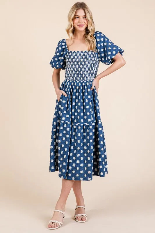 GeeGee Floral Embroidered Smocked Puff Sleeve Tiered Midi Dress - Brittney MADE
