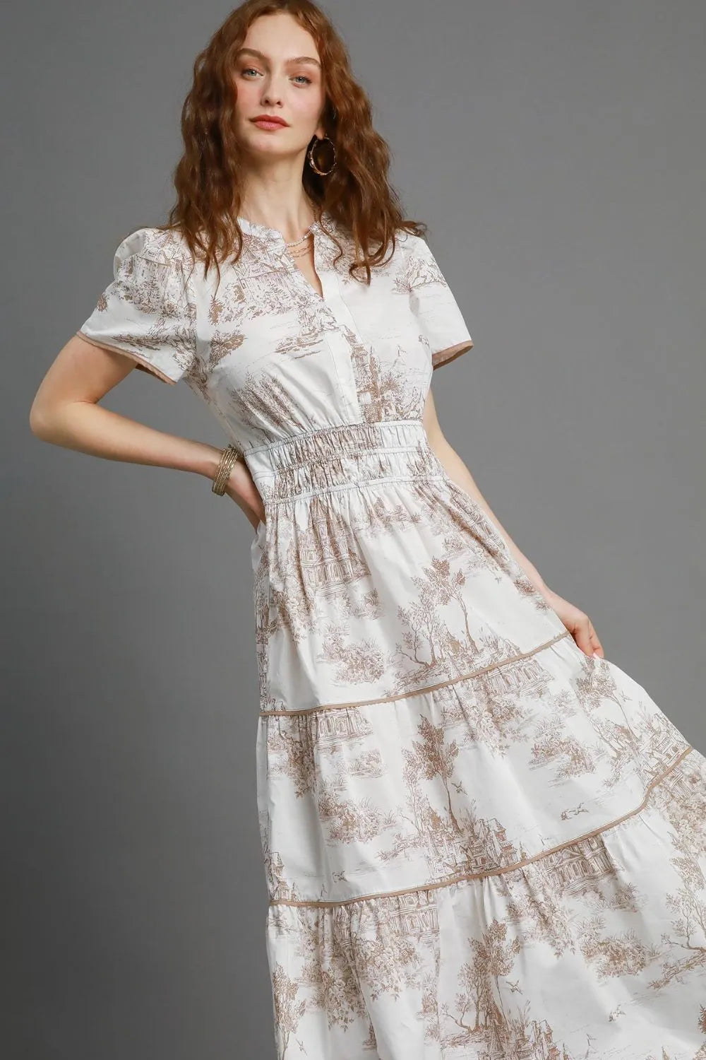 Umgee Full Size Landscape Print Short Sleeve Tiered Maxi Dress Plus Size - Brittney MADE