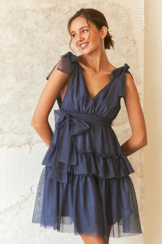 ADORA Tie Shoulder Polka Dot Mesh Dress - Brittney MADE