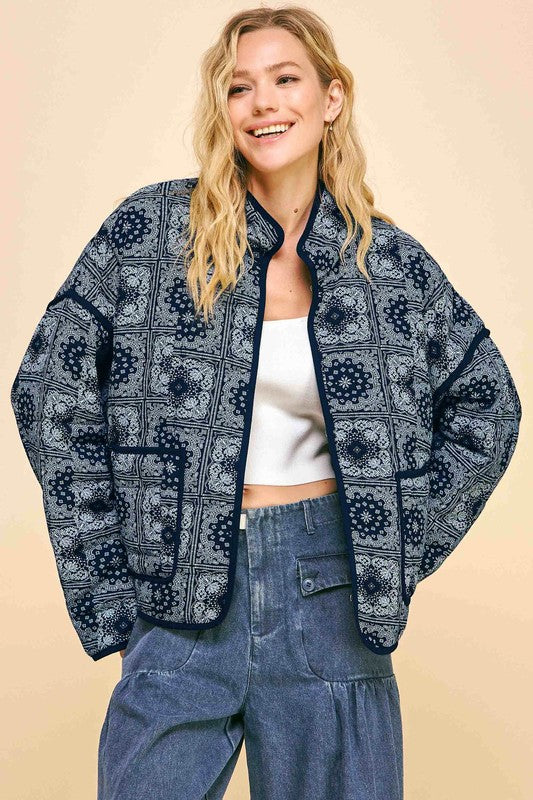 Davi & Dani Vintage Print Open Front Jacket with Pockets - Brittney MADE
