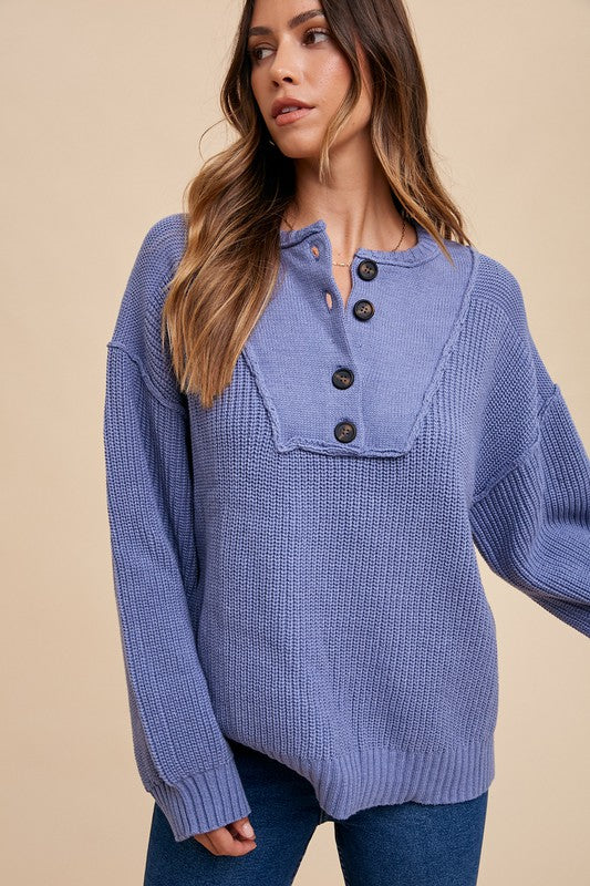 Annie Wear Half Button Ribbed Hem Sweater - Brittney MADE