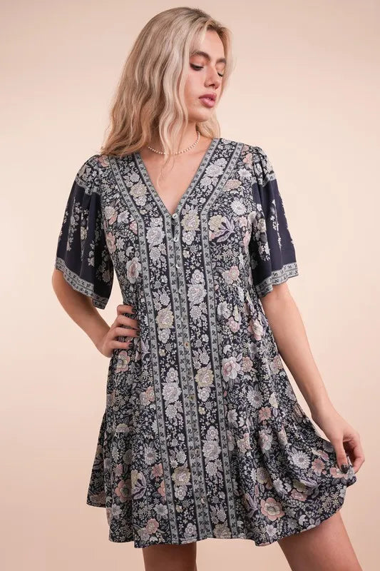 VERY J Shirring Detail Printed Woven Mini Dress - Brittney MADE
