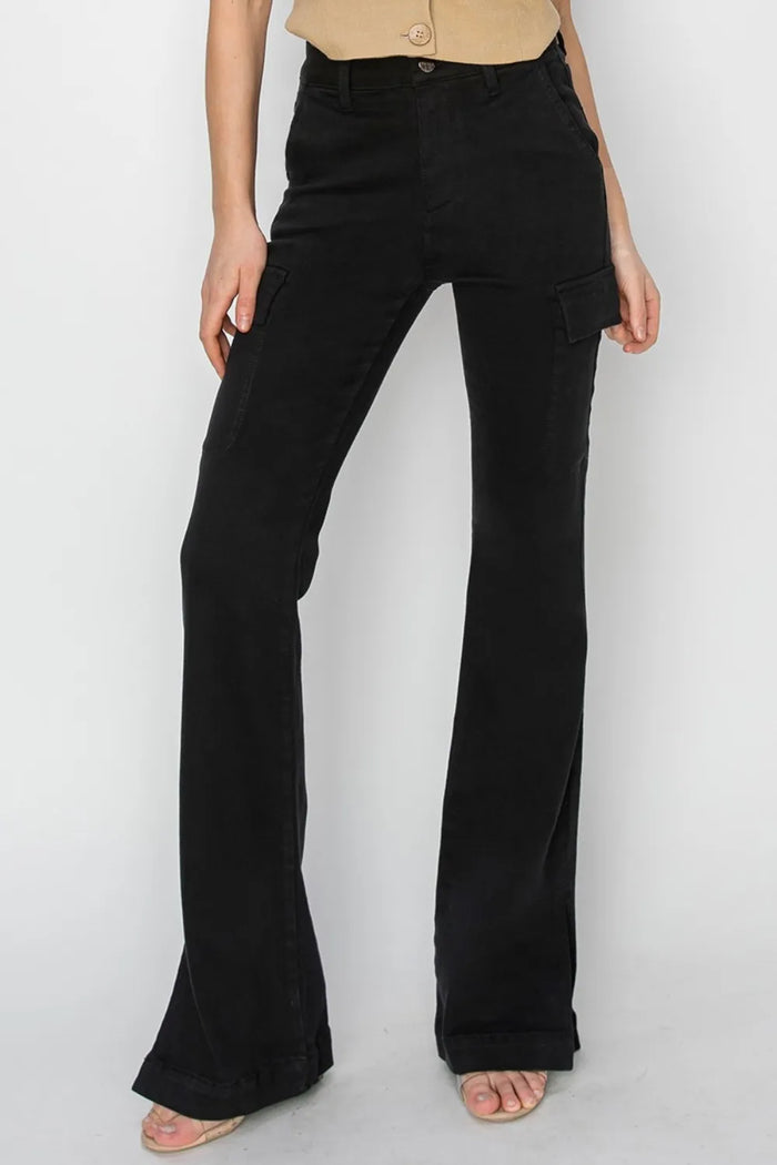 RISEN Full Size High Rise Side Slit Cargo Bootcut Jeans - Brittney MADE