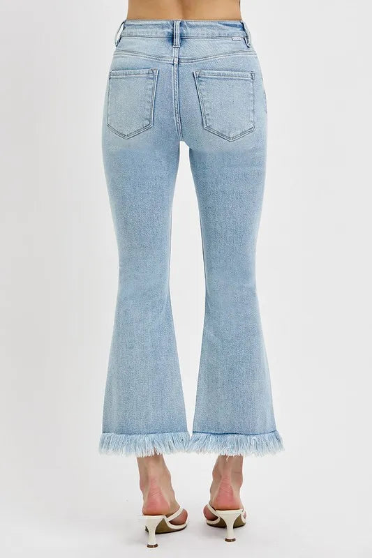 RISEN Full Size Raw Hem Distressed Cropped Flare Jeans Plus Size - Brittney MADE