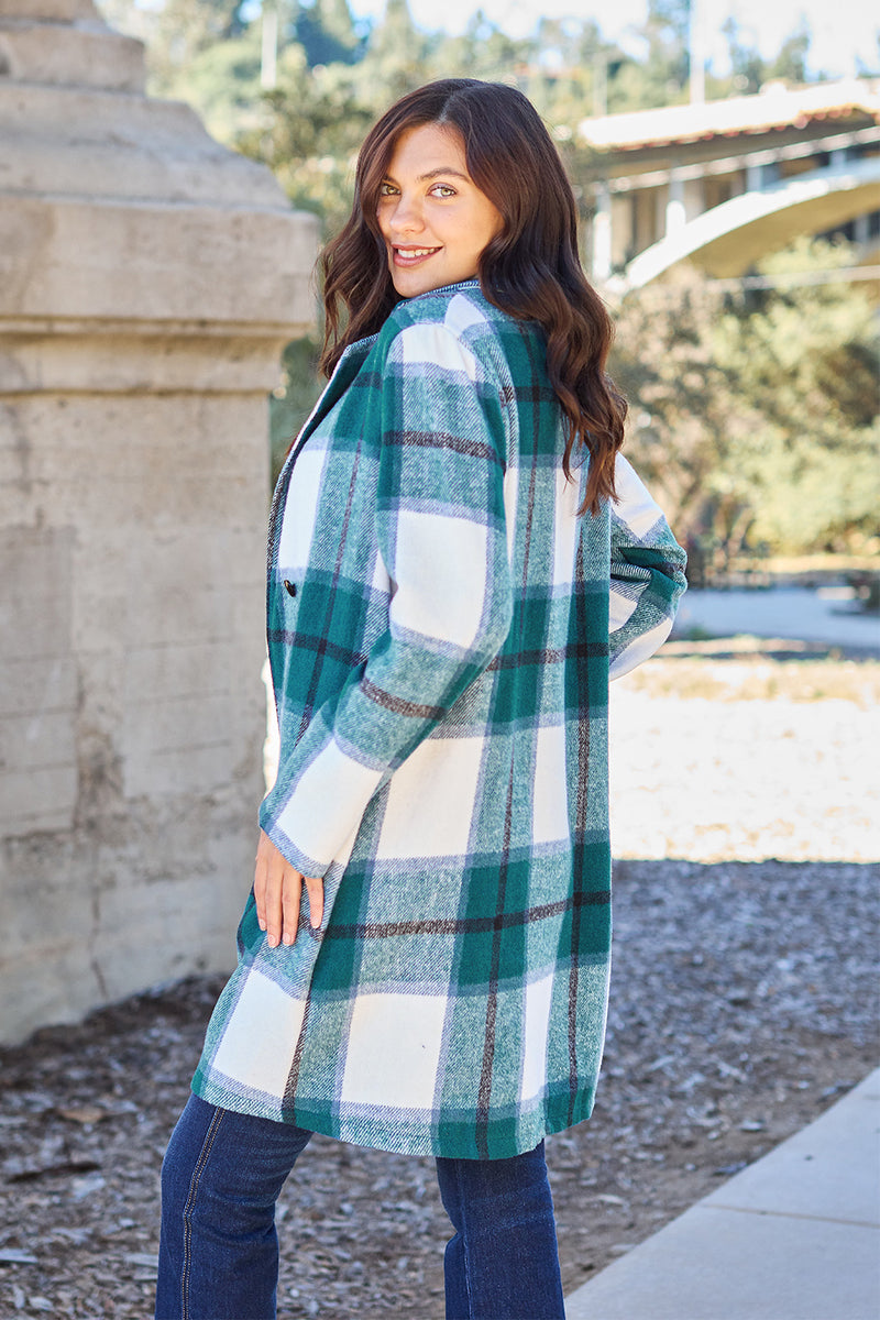 Double Take Full Size Plaid Button Up Lapel Collar Coat - Brittney MADE