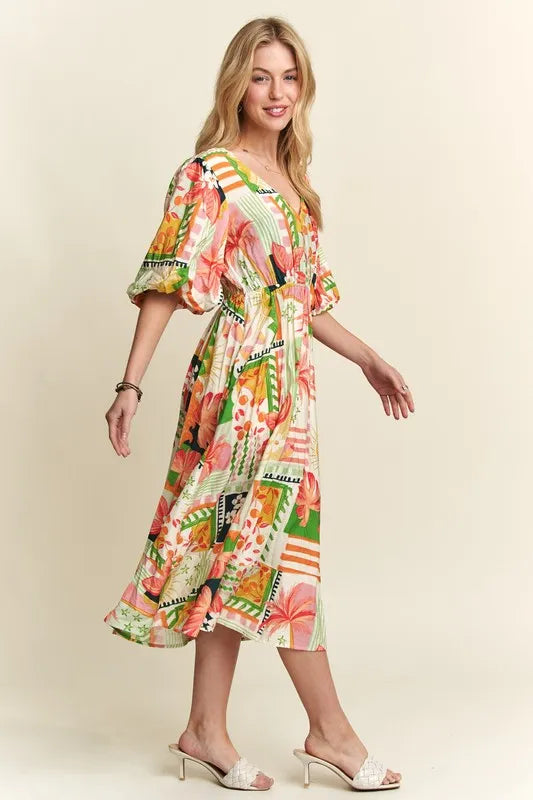ADORA Floral V-Neck Puff Sleeve Midi Dress - Brittney MADE