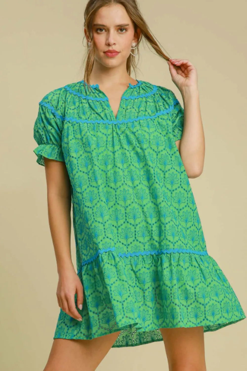 Umgee Full Size Eyelet Mini Dress With Ric Rac Trim Plus Size - Brittney MADE