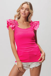 BiBi Ruffled Shoulder Strap Rib Texture Top - Brittney MADE