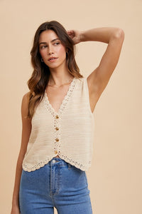 Annie Wear Crochet Trim Button Down Sweater Vest - Brittney MADE