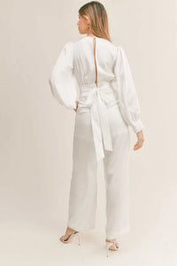MABLE Long Sleeve Deep V Neck Satin Jumpsuit - Brittney MADE