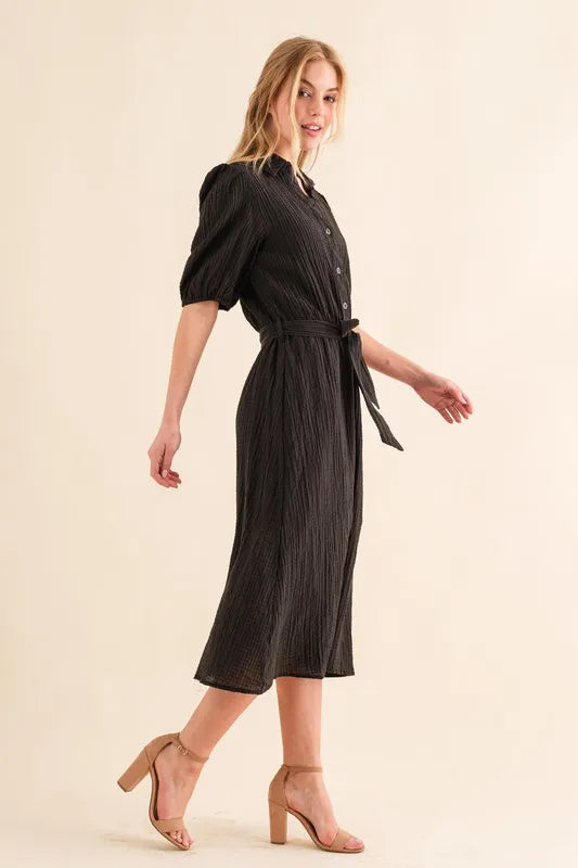 And The Why Waffle Textured Ribbon Waist Midi Dress - Brittney MADE