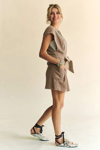 Davi & Dani Acid-Washed Waffle Knit Cuffed Sleeves Romper - Brittney MADE