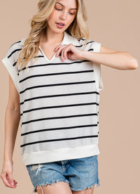 Ces Femme Collared Neck Contrast Striped Sweater Vest - Brittney MADE