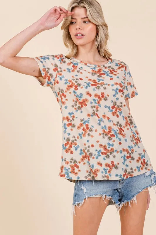 BOMBOM Lightweight Floral Round Neck Short Sleeve T-Shirt - Brittney MADE