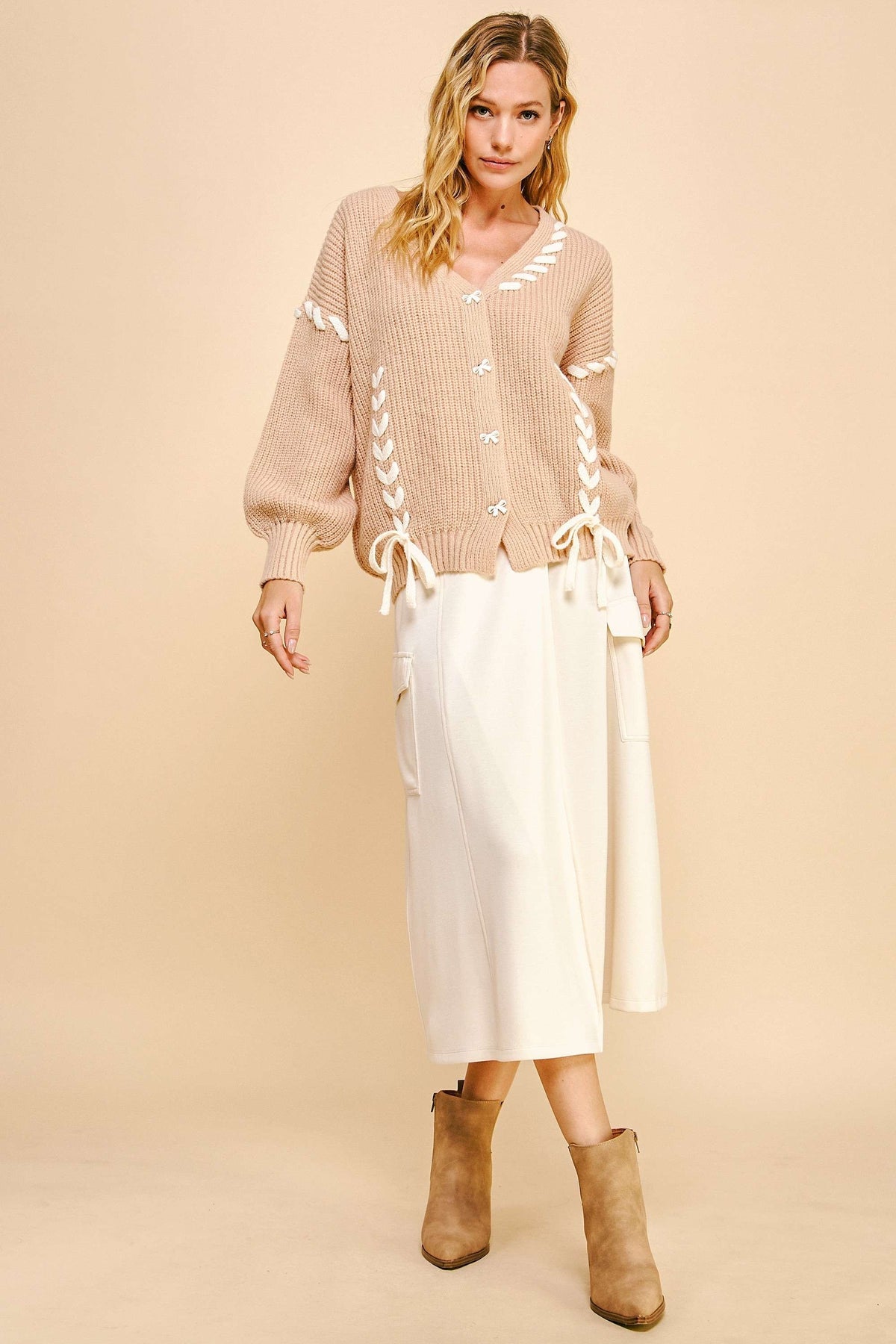 Davi & Dani Lace-Up Ribbon Bow Button Down Cardigan - Brittney MADE