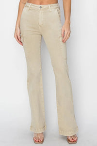 RISEN Full Size High Rise Side Slit Cargo Bootcut Jeans - Brittney MADE