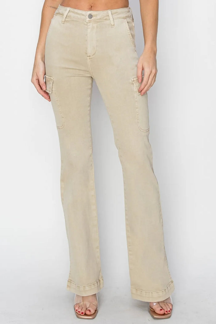 RISEN Full Size High Rise Side Slit Cargo Bootcut Jeans - Brittney MADE