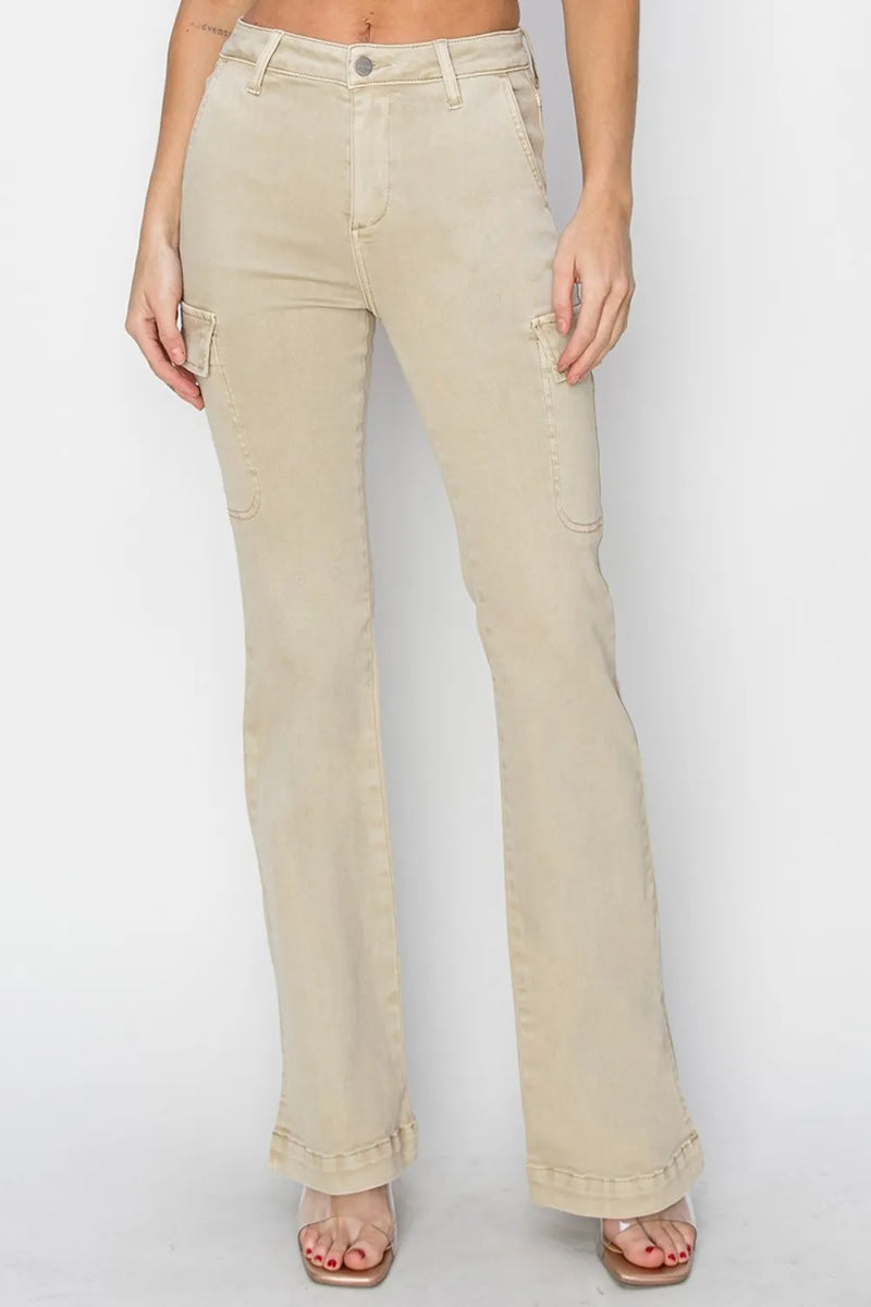 RISEN Full Size High Rise Side Slit Cargo Bootcut Jeans - Brittney MADE