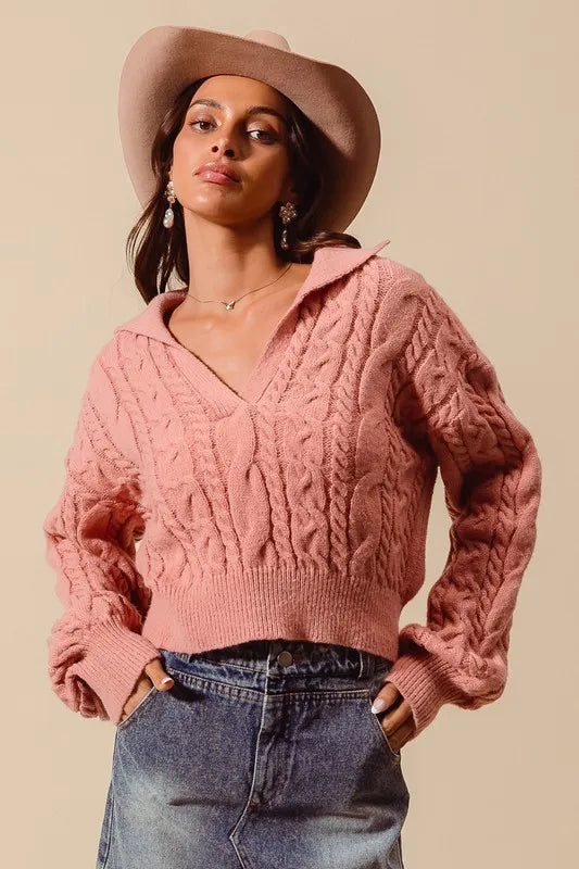 SO ME Cable Knit Deep V Neck Crop Swetaer Top - Brittney MADE