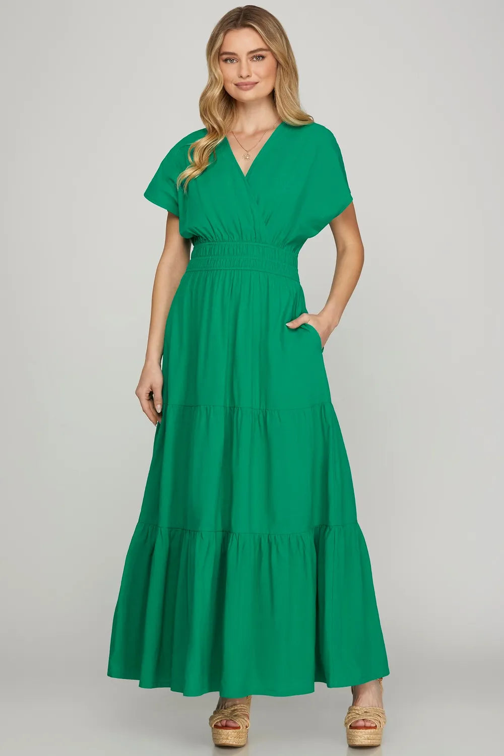 She + Sky Surplice Short Sleeve Tiered Maxi Dress With Pockets - Brittney MADE