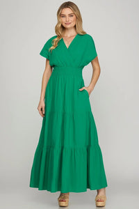 She + Sky Surplice Short Sleeve Tiered Maxi Dress With Pockets - Brittney MADE