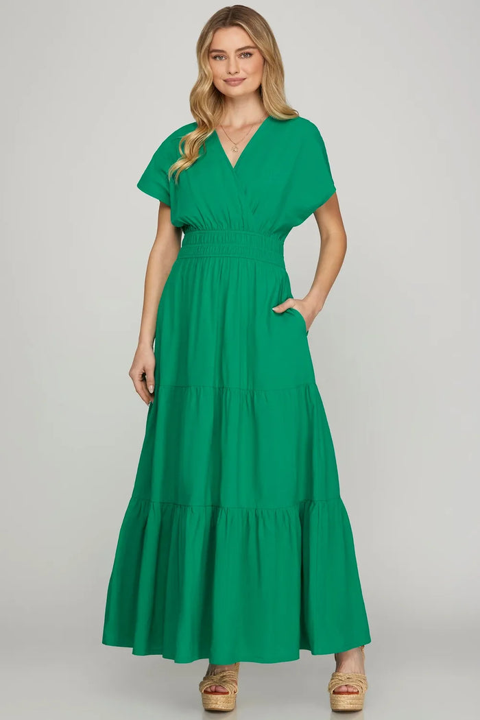 She + Sky Surplice Short Sleeve Tiered Maxi Dress With Pockets - Brittney MADE