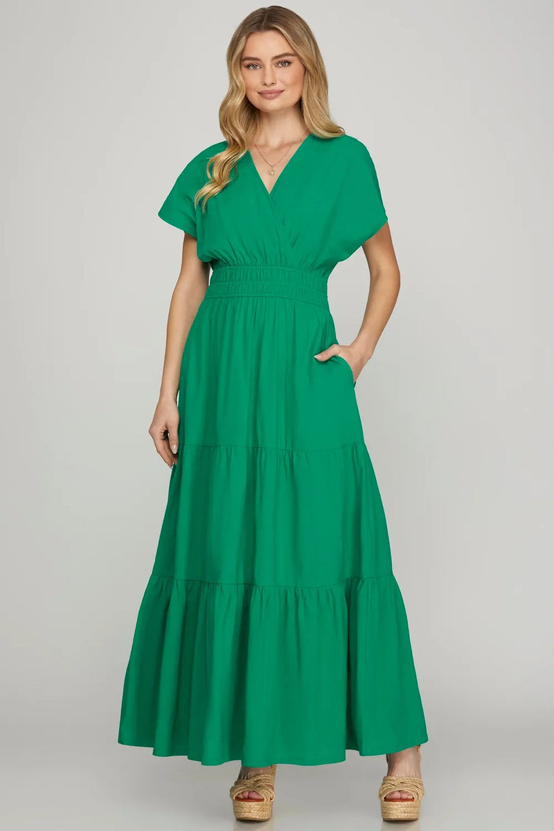 She + Sky Surplice Short Sleeve Tiered Maxi Dress With Pockets - Brittney MADE