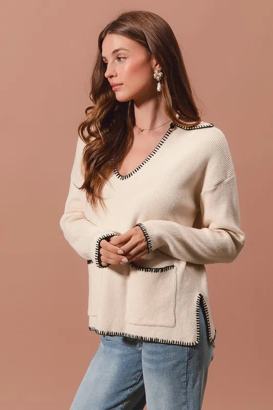 SO ME Contrast Blanket Stitch Sweater - Brittney MADE