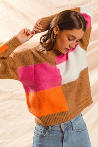 SO ME Multi Color Block Checkered Sweater Top - Brittney MADE