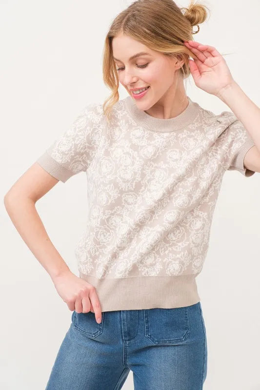 And The Why Short Sleeve Rose Pattern Knit Top - Brittney MADE